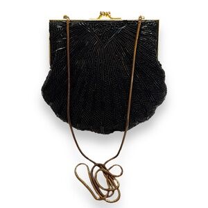 Hasting & Smith Black Beaded Sequins Clamshell‎ Evening Purse Gold Accents